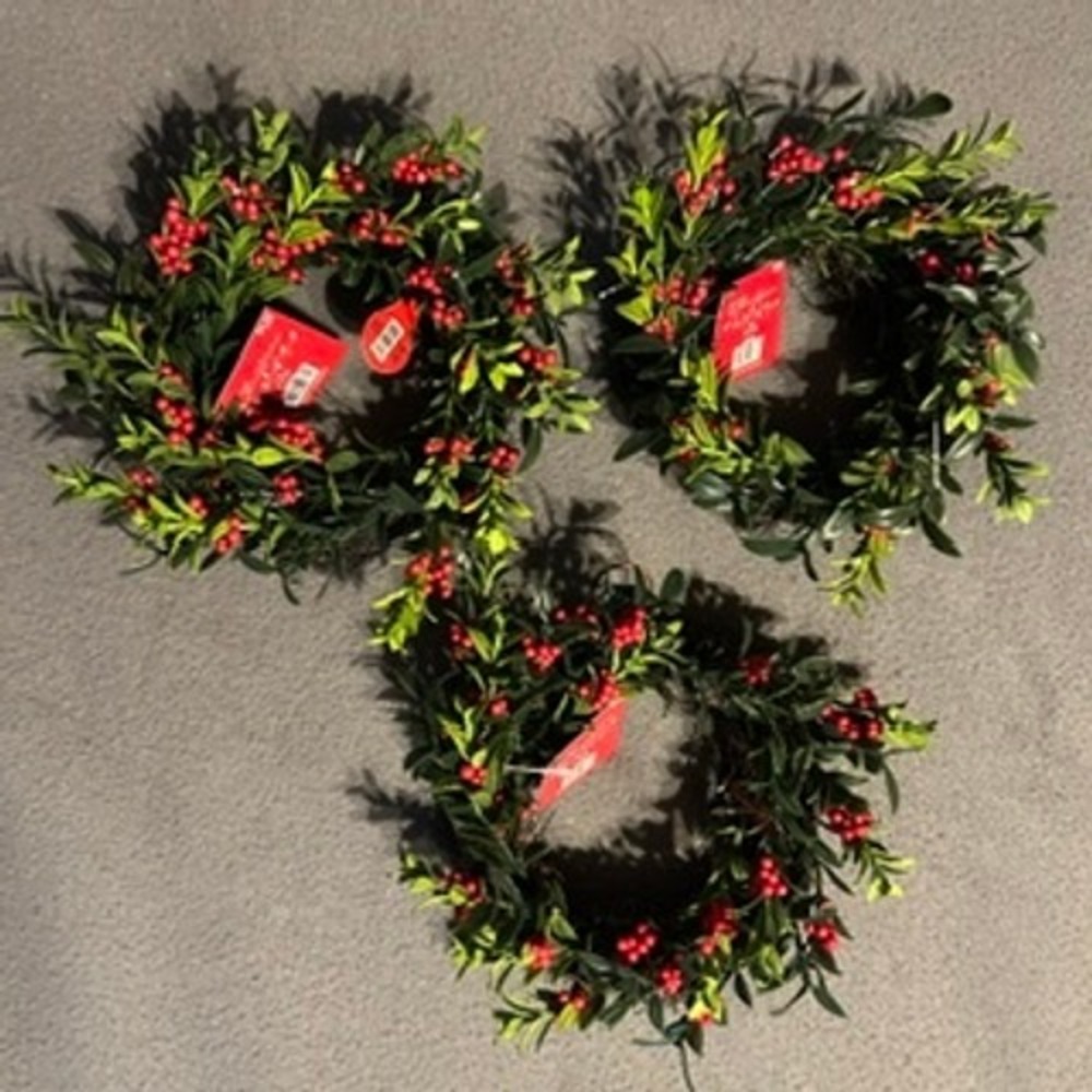 Christmas Candle Ring Wreaths Red Berry Boxwood Greenery Holiday Set of 3 7.5in